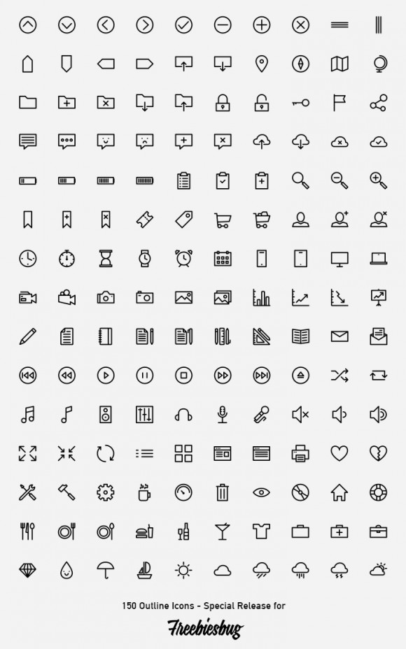 150 outlined icons - PSD AI SVG Webfont detailed view