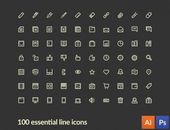 LineArt - 100 essential line icons free PSD