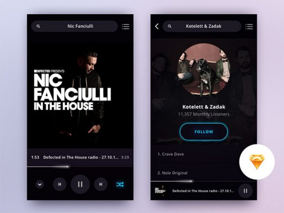 Music player app screens for Sketch