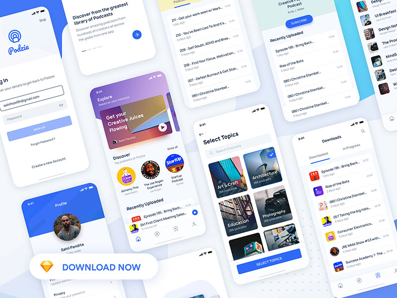 Podzie: UI kit for podcast app - Freebiesbug