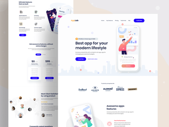 Landing page template for app showcasing