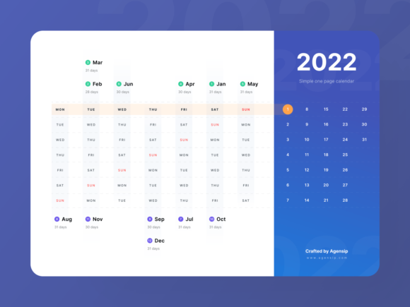 One Page Calendar UI - 2022