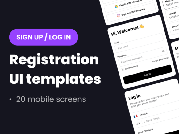 Registration UI screens for mobile apps