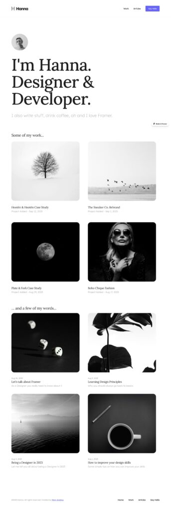 Hanna: Free Portfolio Template For Framer - Freebiesbug