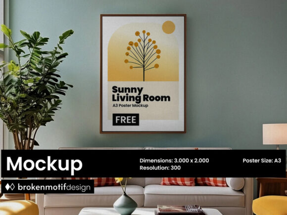 Living Room Scene with Poster Mockup